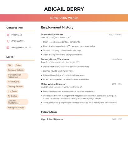 Driver-Utility Worker Resume