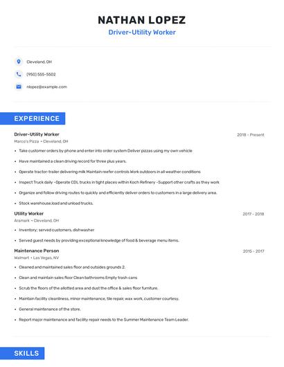 Driver-Utility Worker Resume