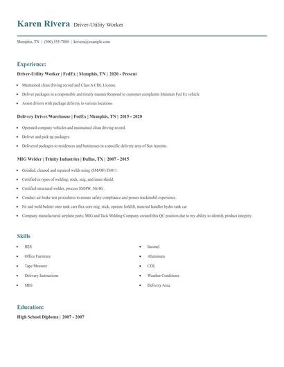 Driver-Utility Worker Resume