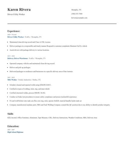 Driver-Utility Worker Resume