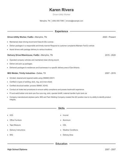 Driver-Utility Worker Resume