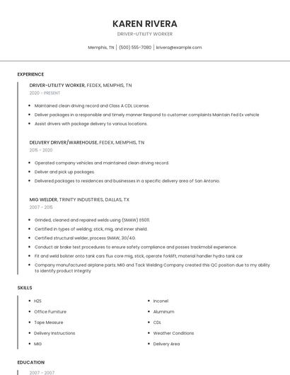 Driver-Utility Worker Resume