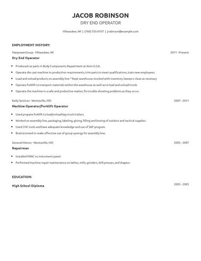 Dry End Operator Resume
