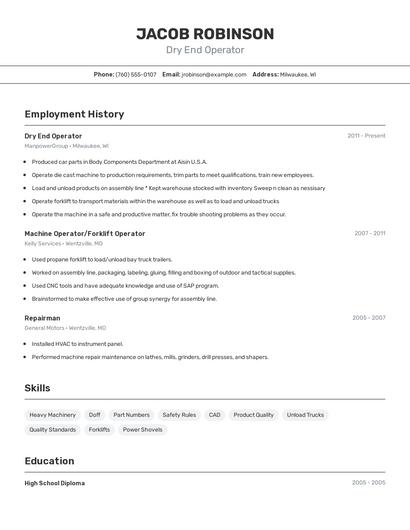 Dry End Operator Resume