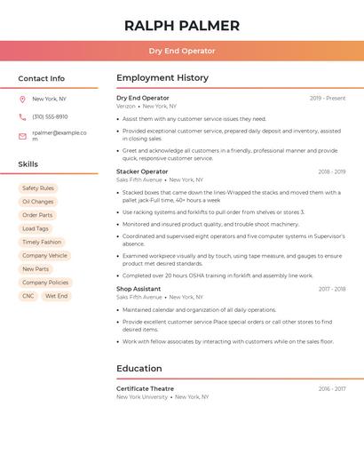 Dry End Operator Resume