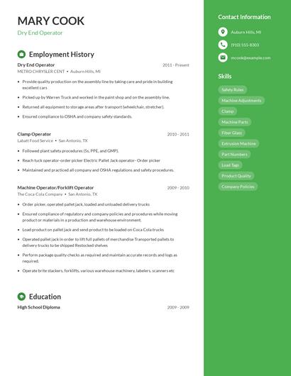 Dry End Operator Resume