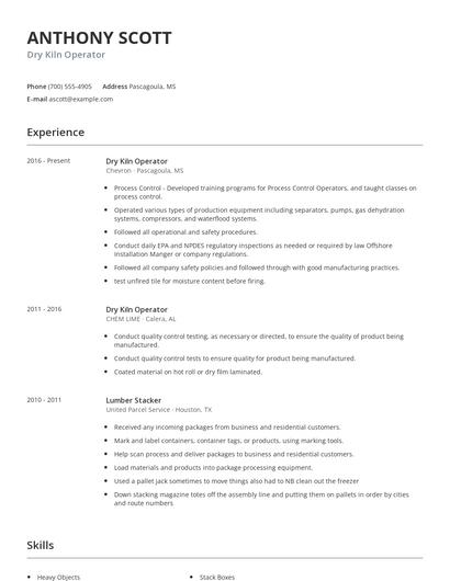 Dry Kiln Operator Resume