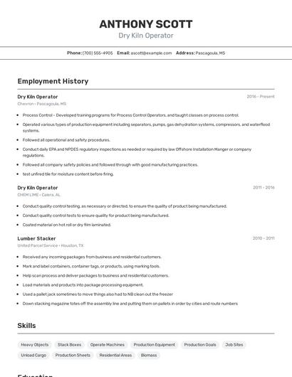 Dry Kiln Operator Resume