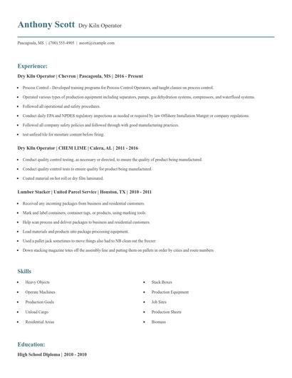 Dry Kiln Operator Resume
