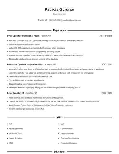 Dryer Operator Resume
