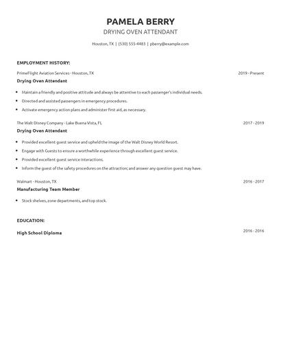 Drying Oven Attendant Resume