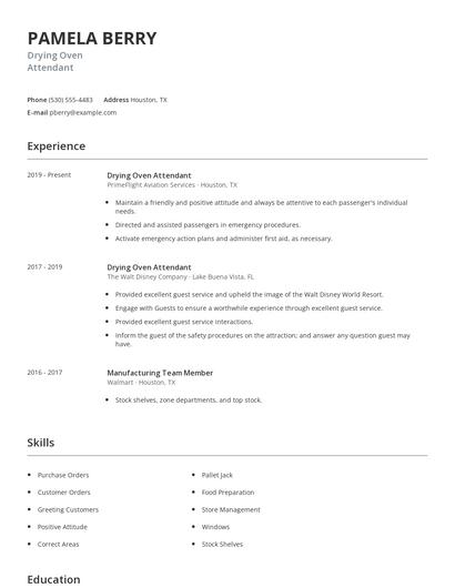 Drying Oven Attendant Resume