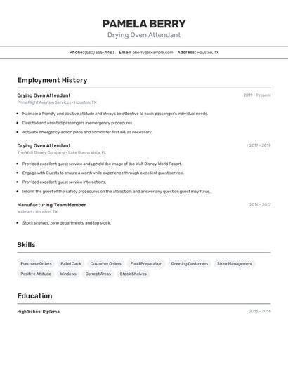 Drying Oven Attendant Resume