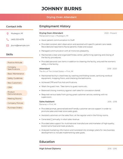 Drying Oven Attendant Resume