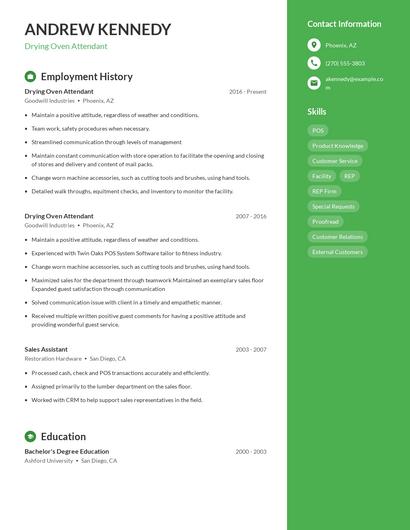 Drying Oven Attendant Resume