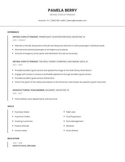 Drying Oven Attendant Resume