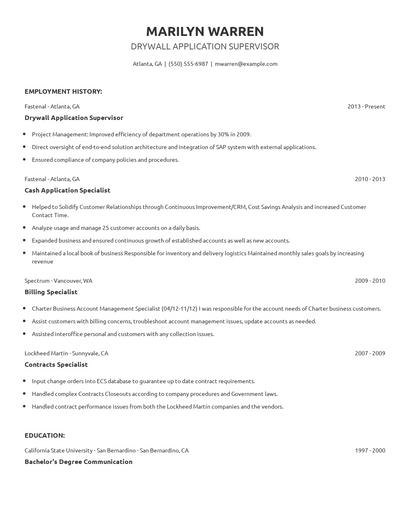 Drywall Application Supervisor Resume