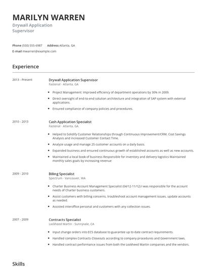 Drywall Application Supervisor Resume