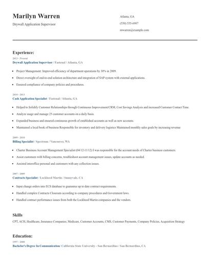 Drywall Application Supervisor Resume