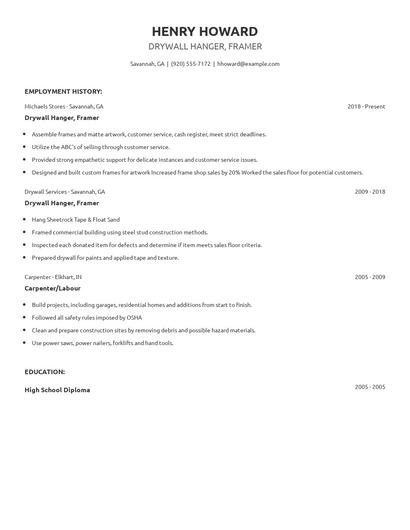 Drywall Hanger, Framer Resume