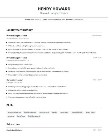 Drywall Hanger, Framer Resume