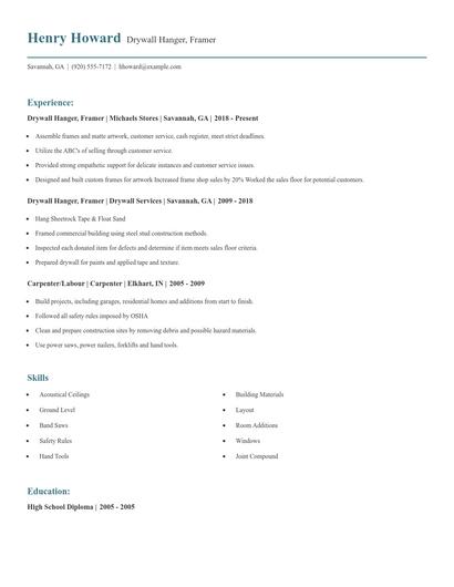 Drywall Hanger, Framer Resume