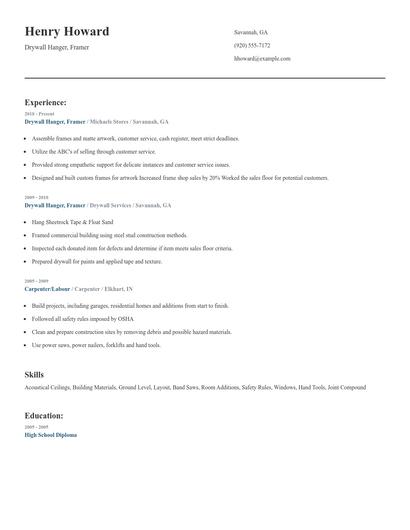 Drywall Hanger, Framer Resume