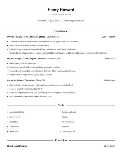 Drywall Hanger, Framer Resume