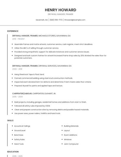 Drywall Hanger, Framer Resume