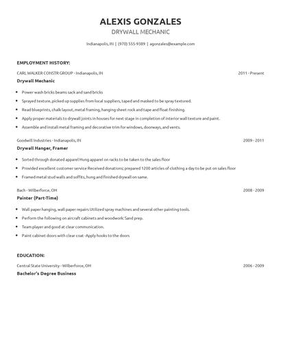 Drywall Mechanic Resume
