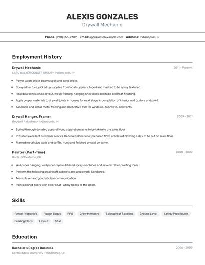 Drywall Mechanic Resume