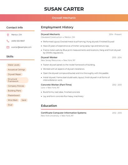 Drywall Mechanic Resume