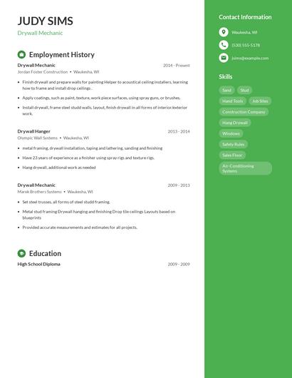 Drywall Mechanic Resume