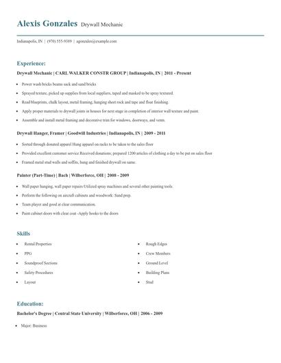 Drywall Mechanic Resume