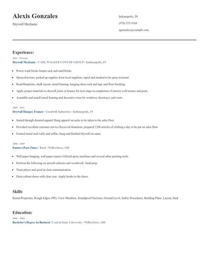 Drywall Mechanic Resume