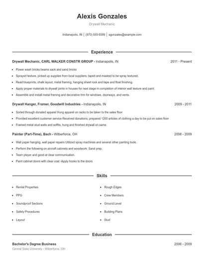 Drywall Mechanic Resume