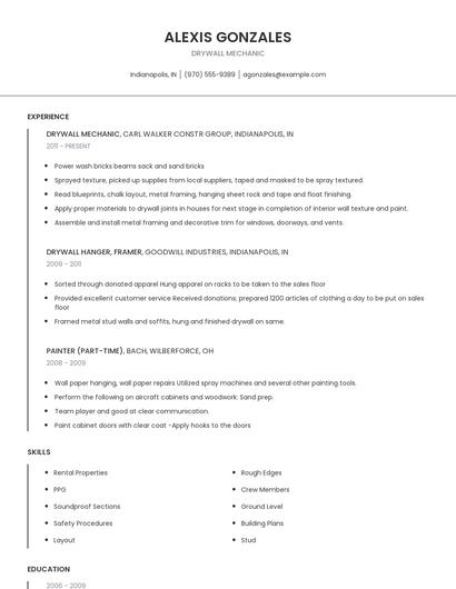 Drywall Mechanic Resume