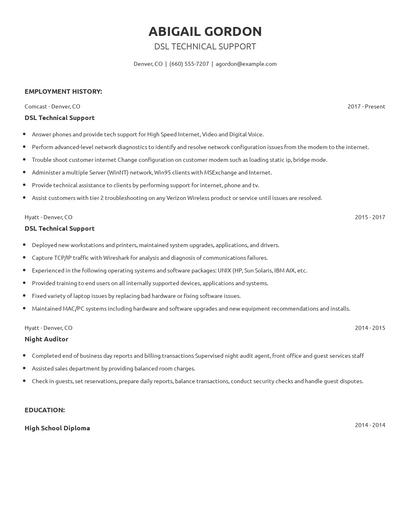 DSL Technical Support Resume