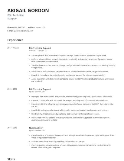 DSL Technical Support Resume