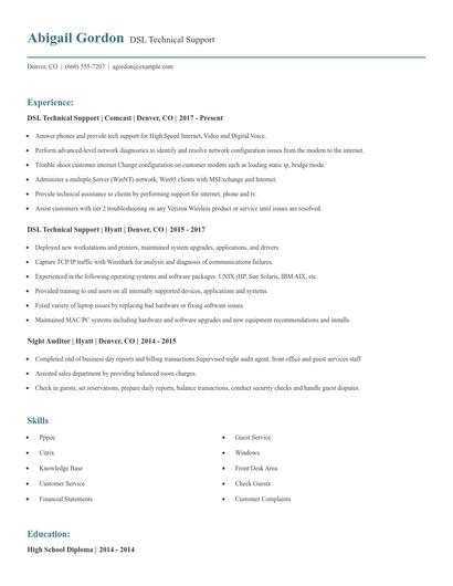 DSL Technical Support Resume