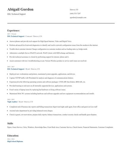 DSL Technical Support Resume