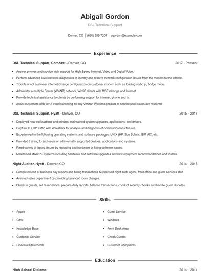 DSL Technical Support Resume