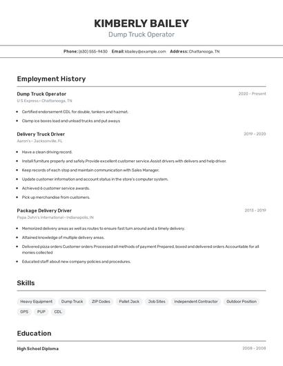 Dump Truck Operator Resume