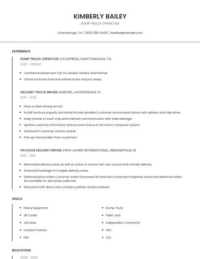Dump Truck Operator Resume
