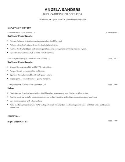 Duplicator Punch Operator Resume