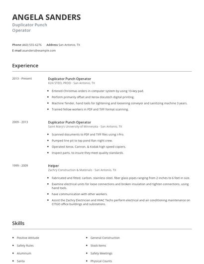 Duplicator Punch Operator Resume