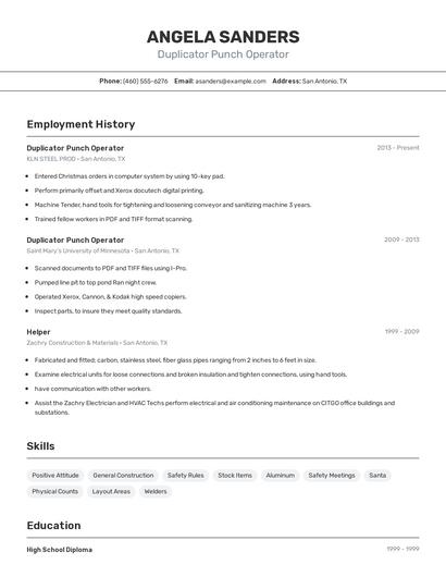 Duplicator Punch Operator Resume
