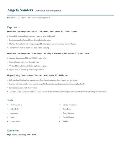 Duplicator Punch Operator Resume