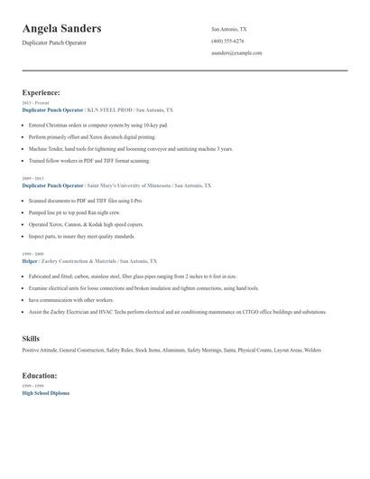 Duplicator Punch Operator Resume