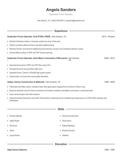 Duplicator Punch Operator Resume